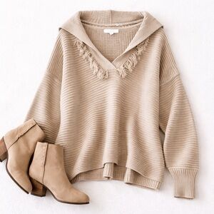 Coastal Boho Cottagecore Fringe Hooded Sweater Cleo Wolf Knit Beige L Cozy A62